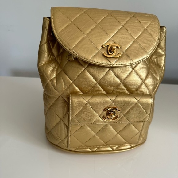 Chanel Rare 1991-1994 Vintage 90’s Duma Mini Backpack Metallic Gold - Picture 1 of 12